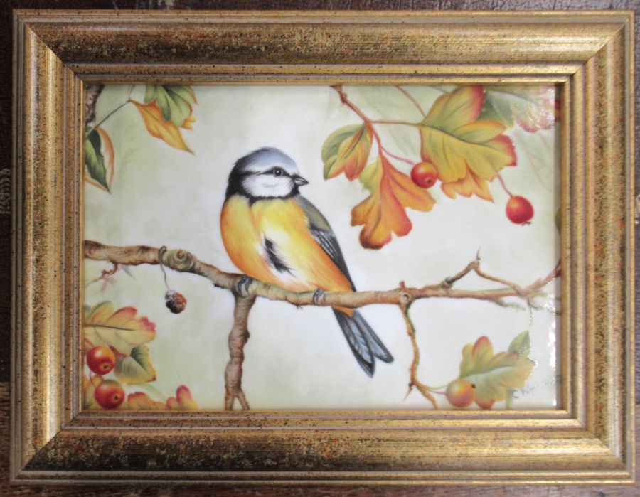 A framed Royal Worcester rectangular porcelain plaque, decorated with a bird in foliage by