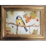 A framed Royal Worcester rectangular porcelain plaque, decorated with a bird in foliage by