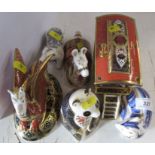 Six Royal Crown Derby paper weights, to include the Wessex Wyvern lama, old Imari caravan -  The