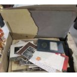 A box of assorted postcards, ephemera etc to include a black and white image of King George VI,