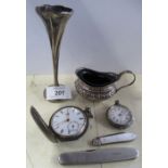 A collection of silver, to include a hunter pocket watch, open face pocket watch, pen knives, salt