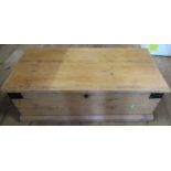 A pine tool chest, with metal straps, 36ins x 17.5ins, height 13ins