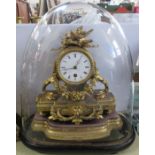 A 19th century french mantel clock, in gilt metal, the case stamped Mourey, under a glass dome