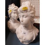 A pair of white china busts, in the Art Nouveau style, height 10ins