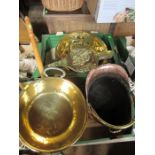 Two boxes of metalware including coal scuttle, jam pans, bellowes etc