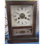 An American mantel clock, with square dial and decorative glass panel