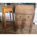 An oak bureau, width 23ins, height 38ins, together with a plant stand