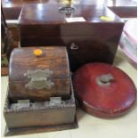 An Antique mahogany box, together with an oak box and a Vintage tape measure