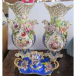 A pair of 19th century English porcelain vases, encrusted and decorated with flowers, height 11.