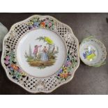 A 20th century Meissen plate, with pierced edge, diameter 8.5ins, together with a Dresden dish,