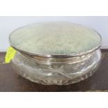 A silver and shagreen covered dressing table pot, glass af
