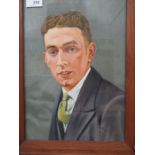 An oil on artist board, portrait of a man in grey suit, monogrammed AK, 13.5ins x 9.5ins