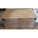 A pine tool chest, with metal straps, 36ins x 19ins, height 16ins