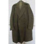A green wool great coat, with plaited leather buttons, together with a similar blue coat