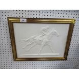 A porcelain plaque of a jockey racing by Ken Potts  11ins x 15ins