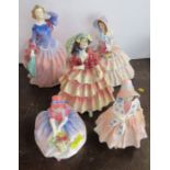 5 Royal Doulton figures, Monica, Lily, Day Dreams, The Hinged Parasol and Blithe Morning - All in