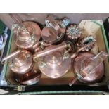 A box of copperware including Antique copper jelly moulds etc