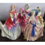 6 Royal Doulton models, Suzette x 2, Sweet Anne x 2, Nadine and Clemency - Suzette is pink has a