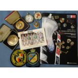 A collection of football memorabilia, to include medals, badges, ring, stop watch, Chelsea v