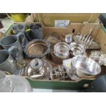 A box of assorted silver plate, wine coasters, tankards etc