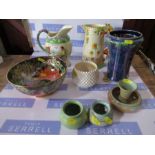 A collection of porcelain to include Maling vases, Prinknash , crown devon and Belleek