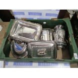 A box of assorted  silver plate, including tankard etc