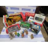 A box of toys and model cars, to include Boxed Brittains examples, felt animals, small Steiff bear