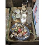 A box of sundries to include china, glass, German figures etc