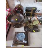 Two sets of postage scale, barometer, binoculars, section of a propeller etc