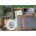 A box of assorted items, to include a stained glass light shade, Whitefriars style vase etc