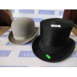 A Hope Bros top hat together with an A.J.White grey bowler hat