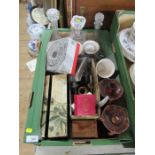 38034  A box of sundry glass, metalware, to include decanters, lustres etc