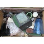 A box of assorted items, to include a mahogany score board, plates Whitefriars style vase etc