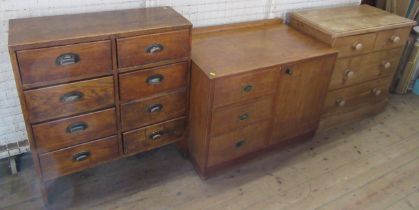 A pine chest of drawers, width 32ins, depth 17ins, height 31ins, together with a cabinet, width