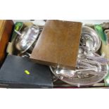 A box of assorted silver plate including flatware etc