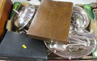 A box of assorted silver plate including flatware etc