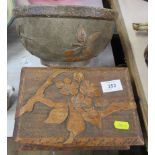 An Antique wooden dairy bowl, together with a wooden box with poker work decoration