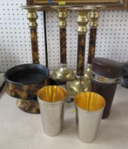 A set of four candle sticks, together with a pair of coasters and a cased set of eight silver plated