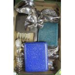 A box of assorted silver plate etc to include tray, sauce boat