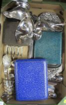 A box of assorted silver plate etc to include tray, sauce boat