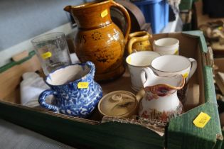 A box of sundry pottery, china, glass to include Slipware Claypits, Ewenny Pottery, North Devon