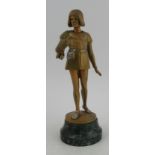 A cold painted bronze figure, The Falconer, by Ernst Gustav Jaeger, on marble base, the plinth