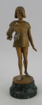 A cold painted bronze figure, The Falconer, by Ernst Gustav Jaeger, on marble base, the plinth