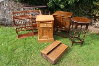 A collection of furniture to include kitchen plate rack, occasional table, pine bedside cabinet