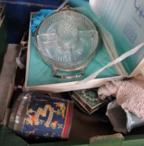 A mixed box of sundries, to include an entree dish, linen etc