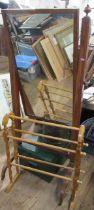 A 19th century mahogany framed cheval mirror width 26ins, height 65ins, together with a towel rail