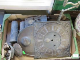 A long case clock dial, movement, weights etc