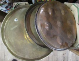 Two boxes of metalware, to include trays, oil lamps etc