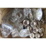 A collection of silver plated items, together with some glass plates and another box of sundries