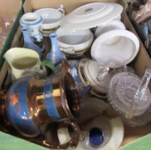 A mixed box of china, to include Wedgwood Jasper ware, luster jug etc